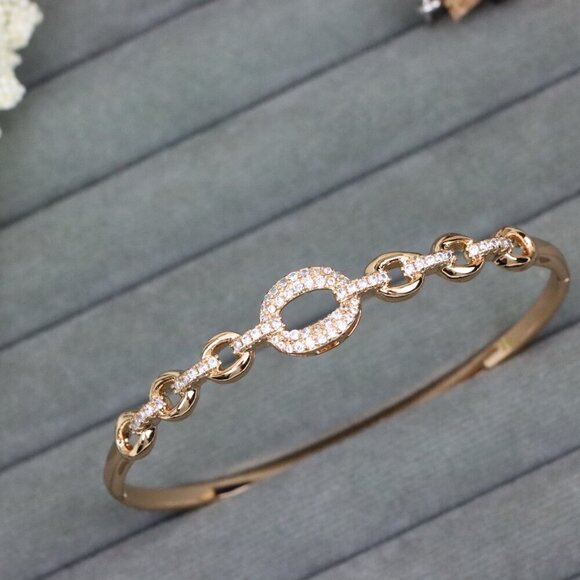 Rose Gold Bangle with Diamond-Accented Oval Chain Link Design, XPBL0590 - Picture 11 of 12